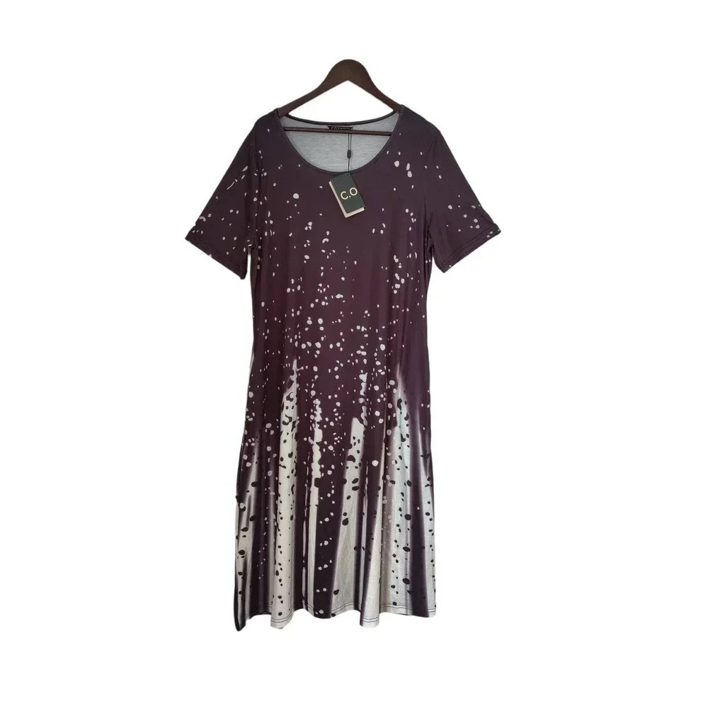 c.o.z.y Casual Lounge Midi Dress Comfort Black & White Tie Dye Polka Dot Size 12